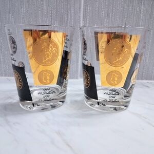Vintage Cera US Coins Double Old Fashioned Glasses 22k Historical Barware Pair